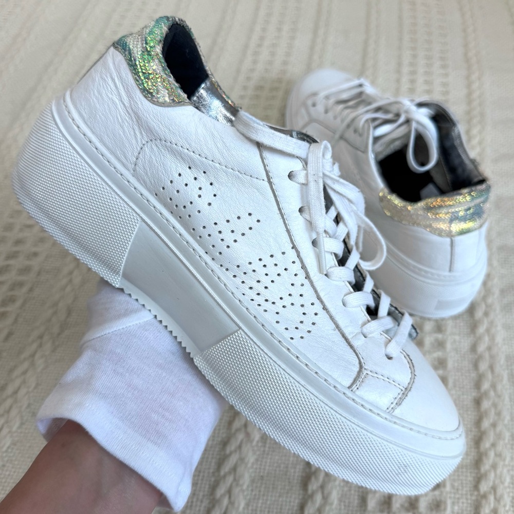 P448 Louise White Leather Platform Low-Top Sneakers Holographic Heel Sz 41 / 10
